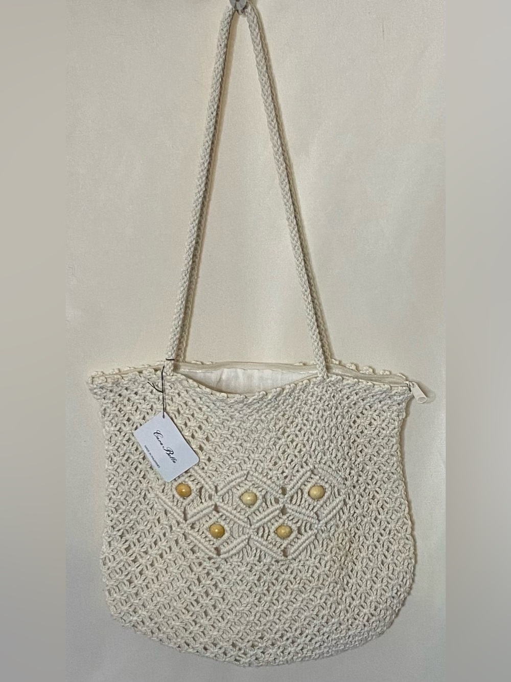 NWT Cara Bella Macrame Crochet Tote Bag with Wooden Beads